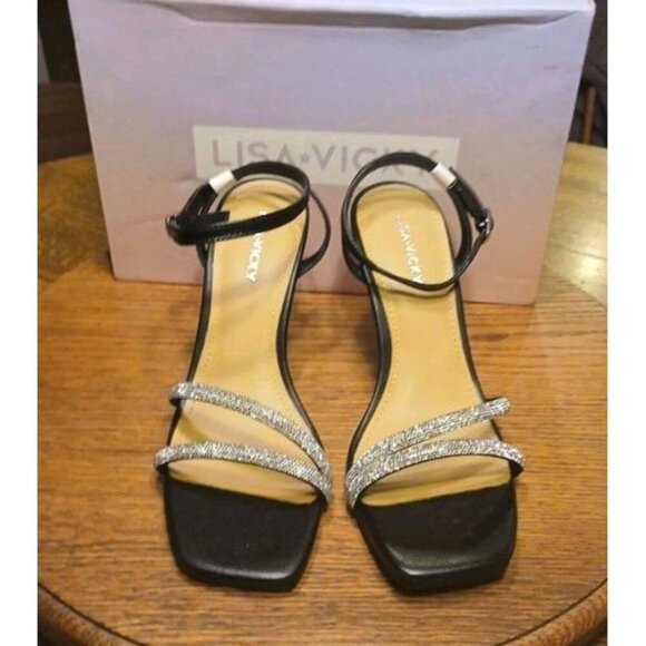 Lisa Vicky Ankle Strap Heels Black And Silver Gem–V Size 8 Chic Stylish Open Toe - Picture 2 of 7